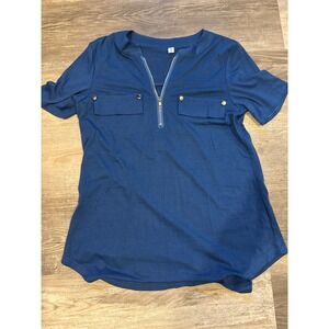 Luckymore Women Navy Blue Quarter Zip Short Sleeve Blouse Medium